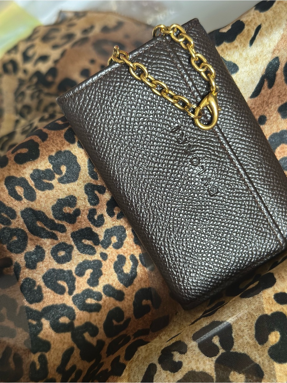 Bulgari Brown Textured Leather Key & Card Holder with Gold Chain